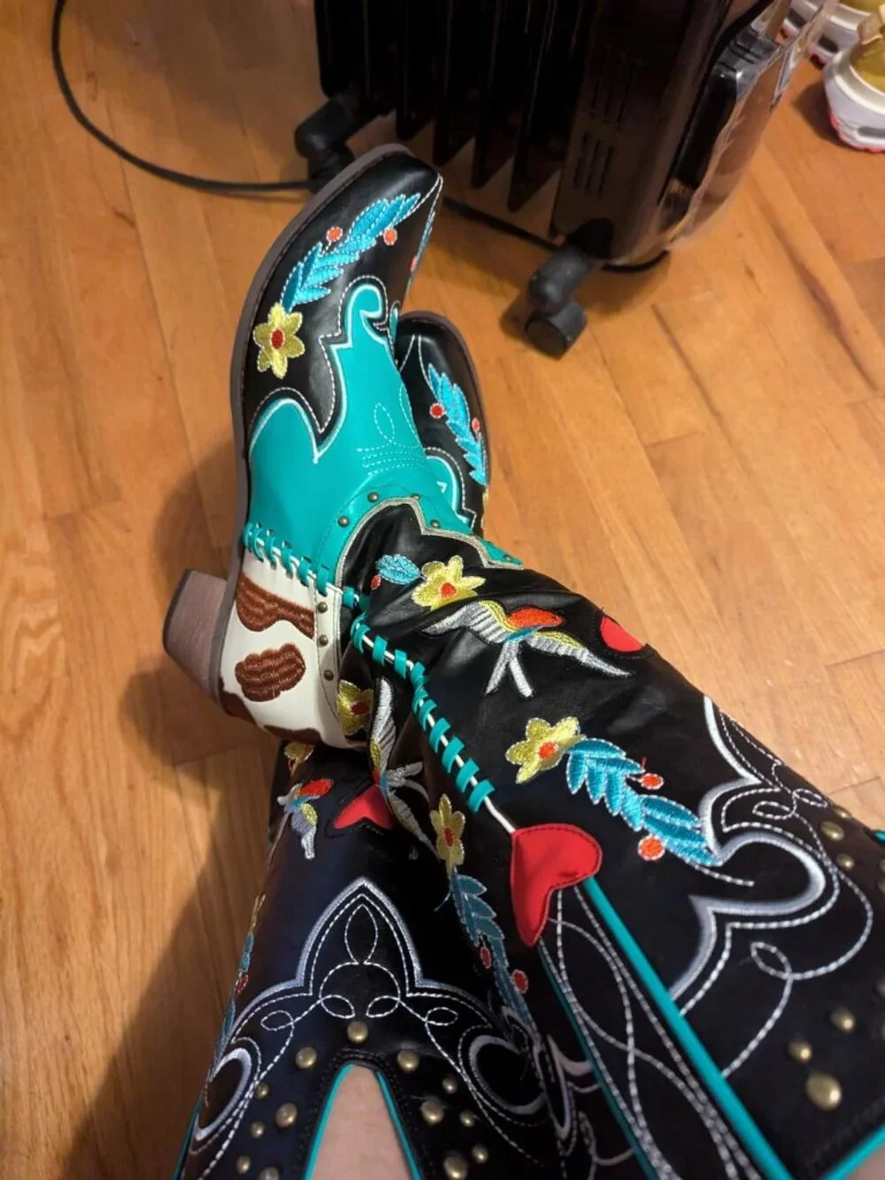 Women's Blue Faux Leather Pull On Wide Calf Western Cowgirl Knee High Boots
